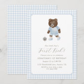 Blue Gingham Teddy Bear Soccer First Kick 招待状 (正面/裏面)