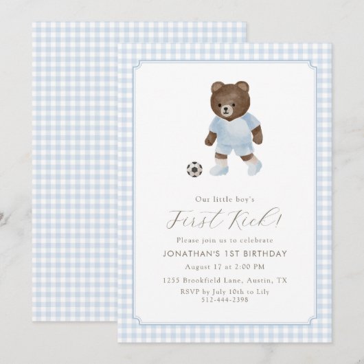 Blue Gingham Teddy Bear Soccer First Kick 招待状 (正面/裏面)