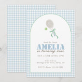 Blue Gingham Tennis 9th Birthday Party for Girls  招待状 (正面/裏面)