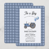 Blue Gingham Tractor Balloon Baby Shower 招待状 (正面/裏面)