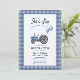Blue Gingham Tractor Balloon Baby Shower  招待状