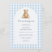 Blue Gingham We Can Bearly Wait Baby Shower 招待状 (正面)