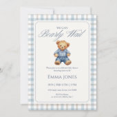 Blue Gingham We Can Bearly Wait baby shower 招待状 (正面)