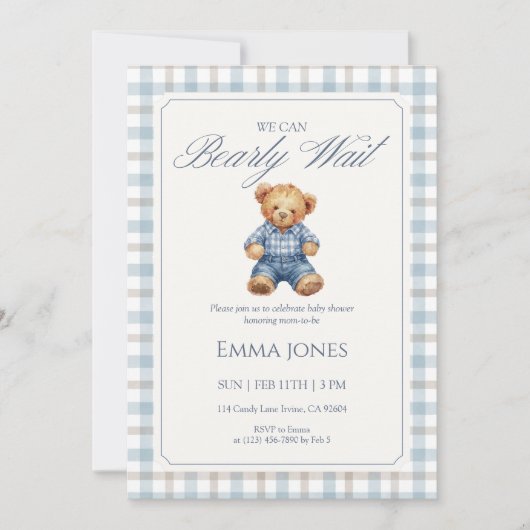 Blue Gingham We Can Bearly Wait baby shower 招待状 (正面)