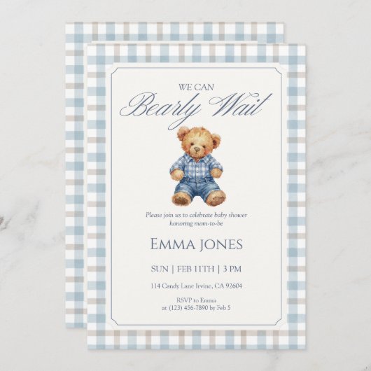 Blue Gingham We Can Bearly Wait baby shower 招待状 (正面/裏面)