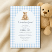 Blue Gingham We Can Bearly Wait Baby Shower 招待状