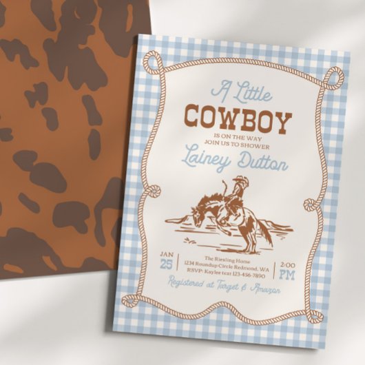 Blue Gingham Western Baby Shower Invitation 招待状