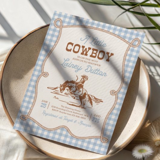 Blue Gingham Western Baby Shower Invitation 招待状