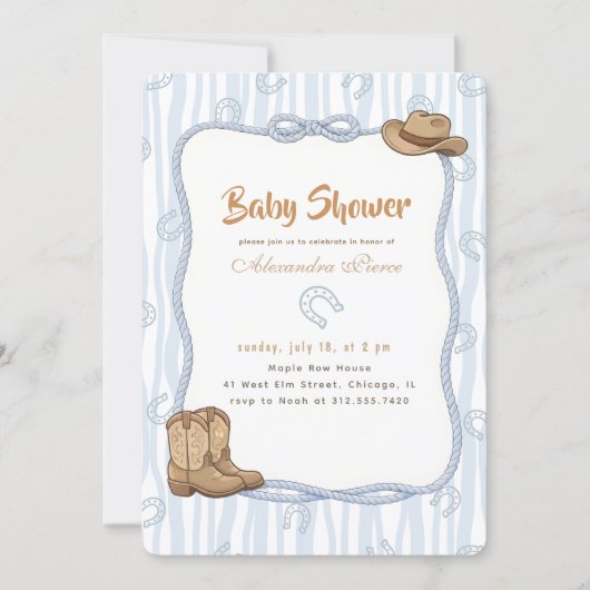 Blue Gingham Western Cowboy Baby Shower 招待状 (正面)