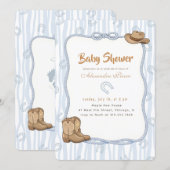 Blue Gingham Western Cowboy Baby Shower 招待状 (正面/裏面)