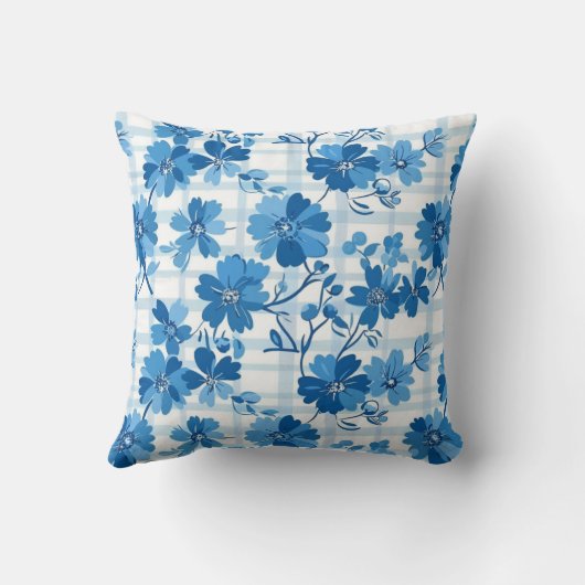 Blue Gingham Winter Flower Throw Pillow クッション (裏面)