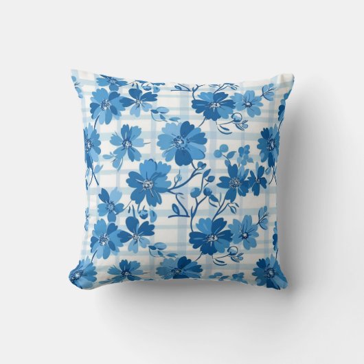 Blue Gingham Winter Flower Throw Pillow クッション (正面)