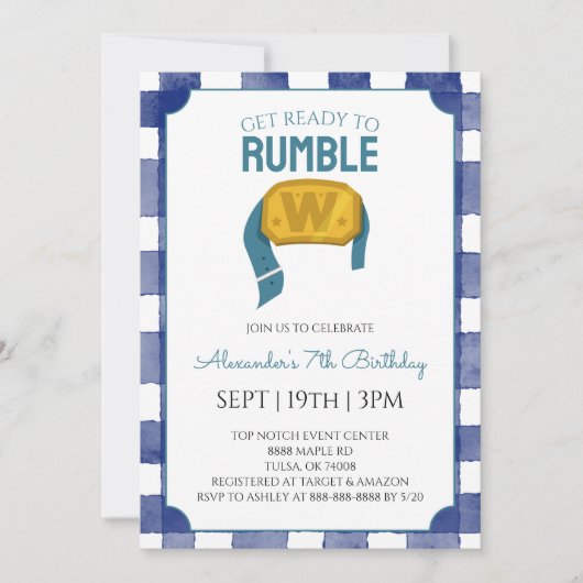 Blue Gingham Wrestling Birthday Party 招待状 (正面)