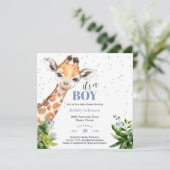 Blue Giraffeジャングルサファリ男の子の赤ちゃんシャワー 招待状 (スタンド正面)