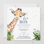 Blue Giraffeジャングルサファリ男の子の赤ちゃんシャワー 招待状 (正面)