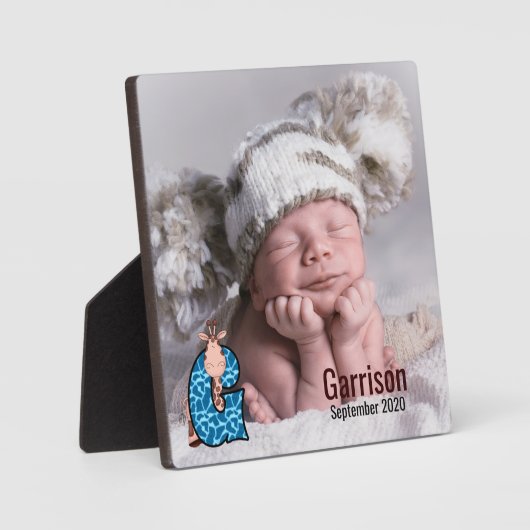 Blue Giraffe Letter Gベビー写真 フォトプラーク (正面)