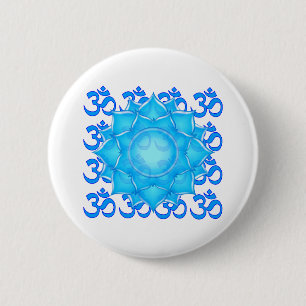 Blue Glass Lotus Flower Drawing With Om Pattern 缶バッジ