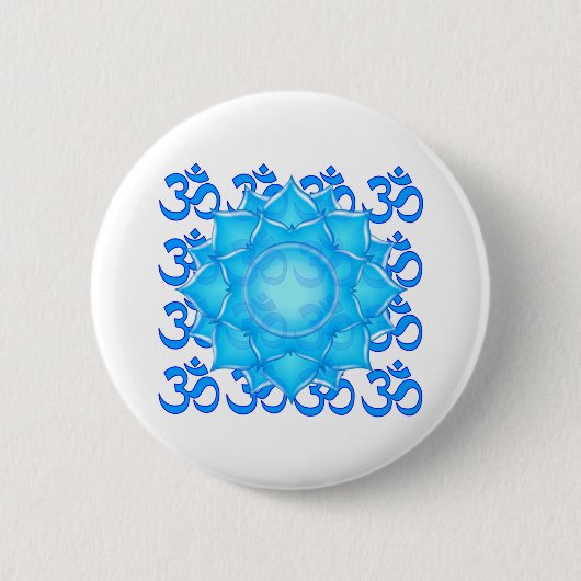 Blue Glass Lotus Flower Drawing With Om Pattern 缶バッジ (正面)