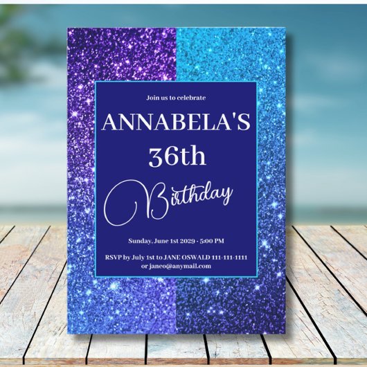 Blue Glitter Birthday Party Invitation 招待状
