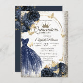 Blue Glitter Dress,Roses,Butterflies Quinceañera 招待状 (正面/裏面)