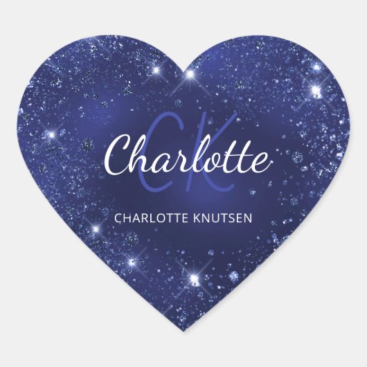 Blue glitter dust monogram name ハートシール (正面)