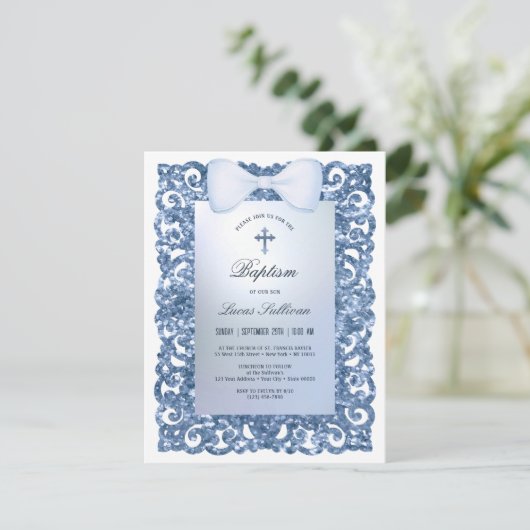 Blue Glitter Frame Bow Baptism 招待状 (スタンド正面)