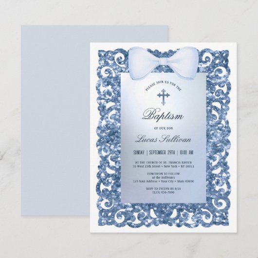 Blue Glitter Frame Bow Baptism 招待状 (正面/裏面)