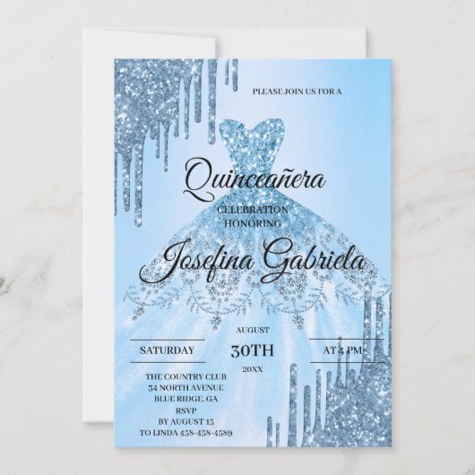 Blue Glitter Quinceañera Invitation 招待状 (正面)