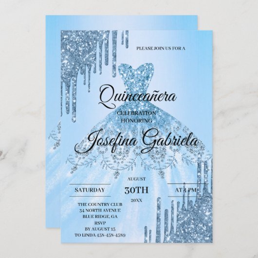Blue Glitter Quinceañera Invitation 招待状 (正面/裏面)