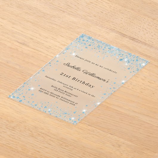 Blue glitter winter party frosted birthday アクリル招待状 (レイダウン)