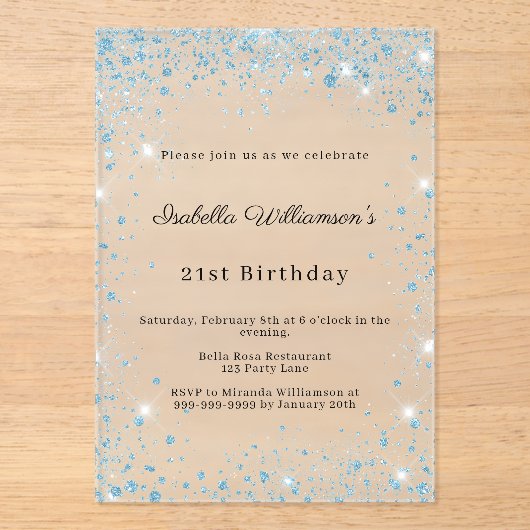 Blue glitter winter party frosted birthday アクリル招待状 (正面)