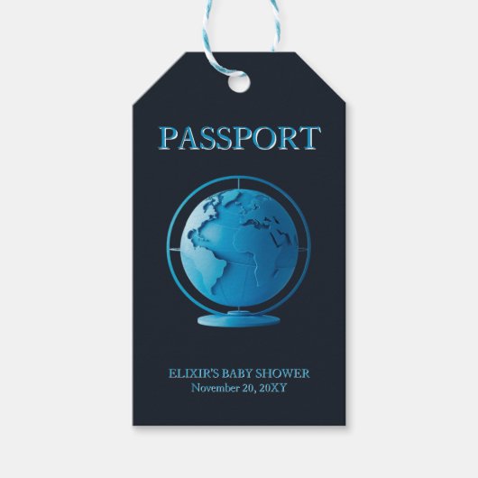 Blue Globe Passport Travel Baby Shower ギフトタグ (正面)
