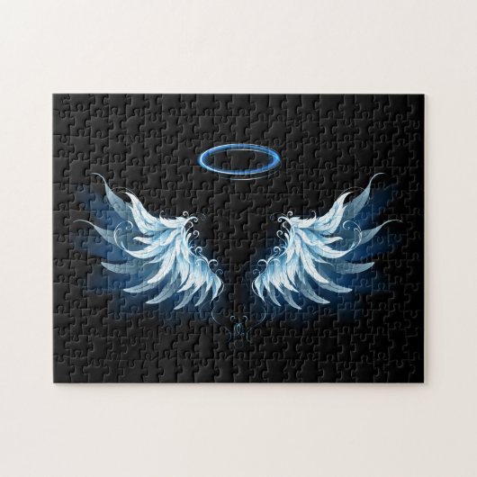 Blue Glowing Angel Wings on black background ジグソーパズル (横)