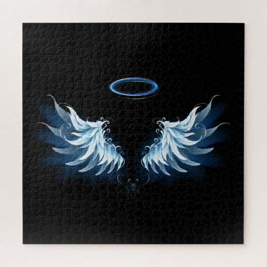 Blue Glowing Angel Wings on black background ジグソーパズル (横)
