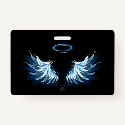 Blue Glowing Angel Wings on black background バッジ (正面)