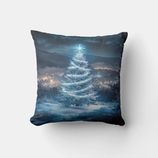 Blue Glowing Winter Night Christmas Tree クッション (正面)