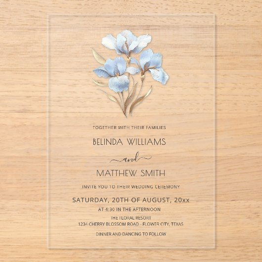 Blue Gold 3D Flowers  アクリル招待状 (正面)