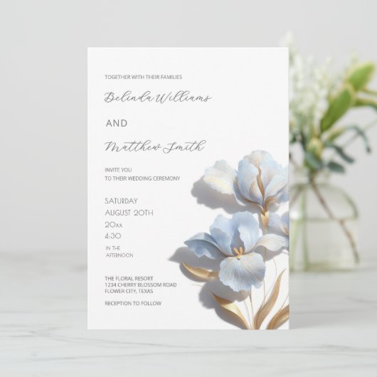 Blue Gold 3D Flowers White 招待状 (スタンド正面)