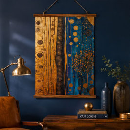 Blue Gold Abstract Botanical Textured Art 吊り下げ型タペストリー