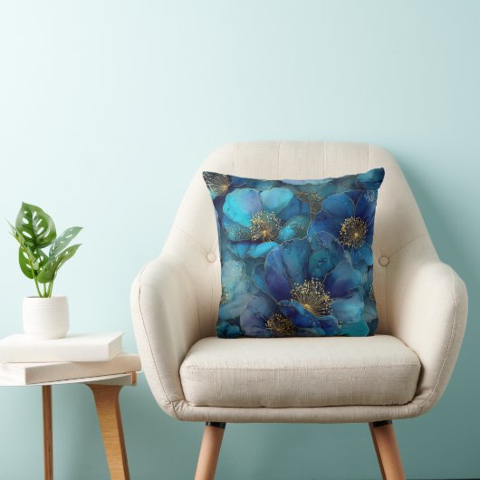 Blue Gold Abstract Watercolor Florals  クッション (椅子)