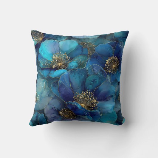 Blue Gold Abstract Watercolor Florals  クッション (裏面)