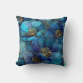 Blue Gold Abstract Watercolor Florals  クッション (正面)