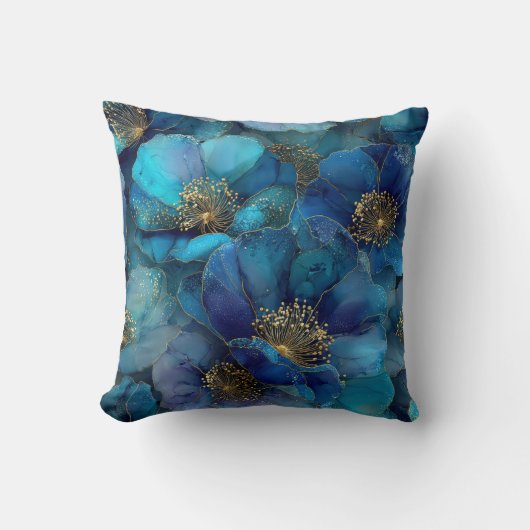 Blue Gold Abstract Watercolor Florals  クッション (正面)