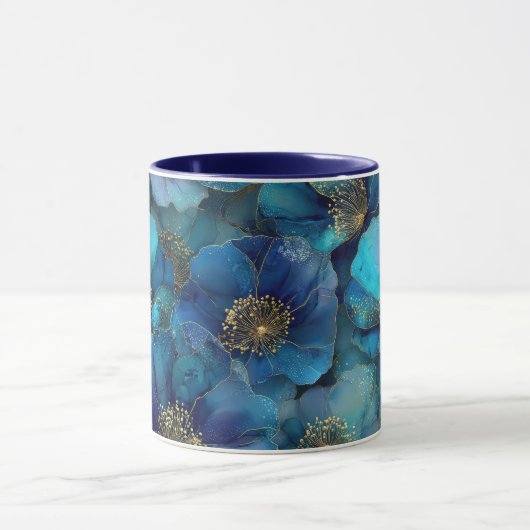 Blue Gold Abstract Watercolor Florals  マグカップ (中央)