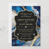 Blue Gold Agate Marble Glitter Wedding 招待状 (正面)