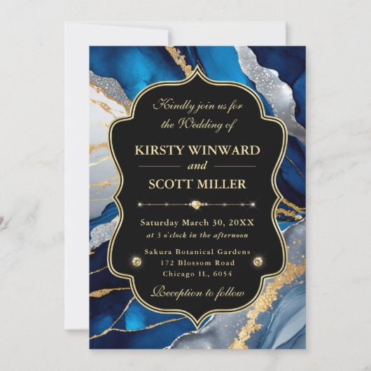 Blue Gold Agate Marble Glitter Wedding 招待状 (正面)