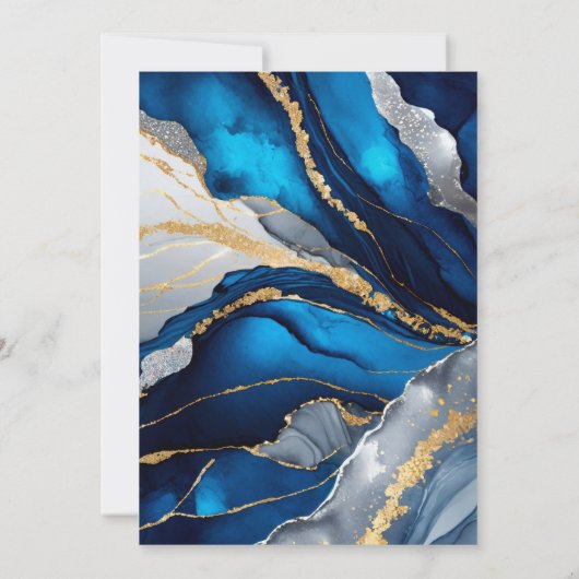 Blue Gold Agate Marble Glitter Wedding 招待状 (裏面)