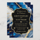 Blue Gold Agate Marble Glitter Wedding 招待状 (正面/裏面)