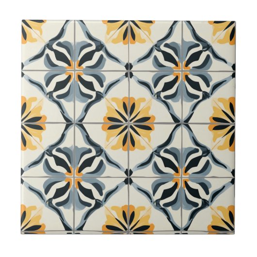 Blue Gold and Off White Pattern Ceramic Tile タイル (正面)