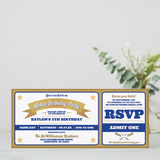Blue & Gold Baseball Allstar Ticket Birthday 招待状 (スタンド正面)